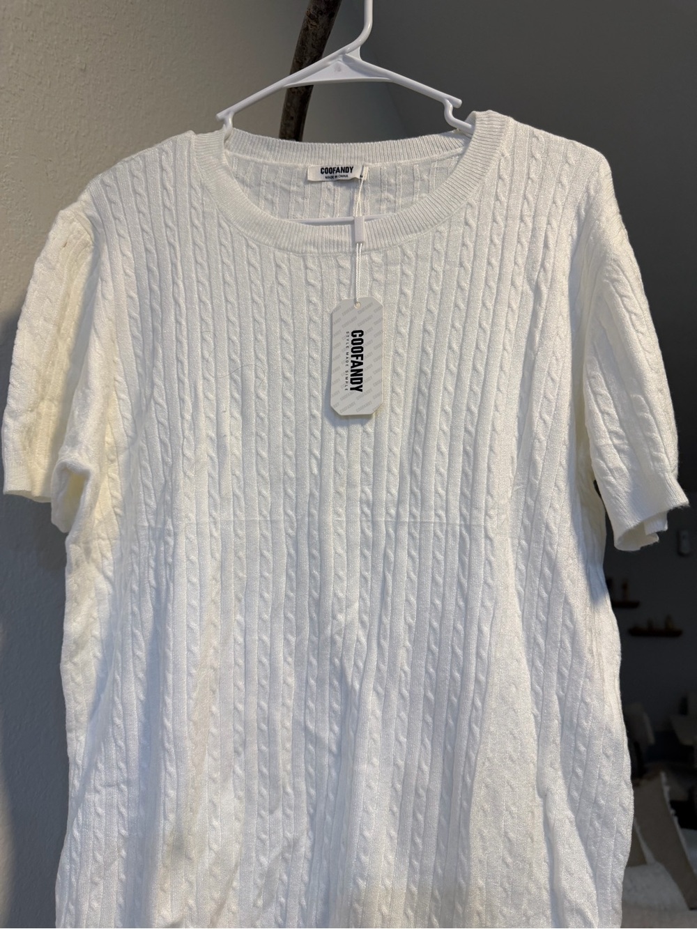 Coofandy White Cable-Knit Short Sleeve Top
